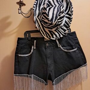 WM REDESIGNED* BOOTS ON THE GROUND* SHORTS BLK SILVER RHINESTONES FRINGES 38"W